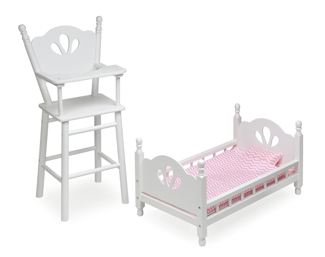 Badger Basket English Country Doll High Chair and Bed Set with Chevron Bedding and Free Personalization Kit - White/Pink